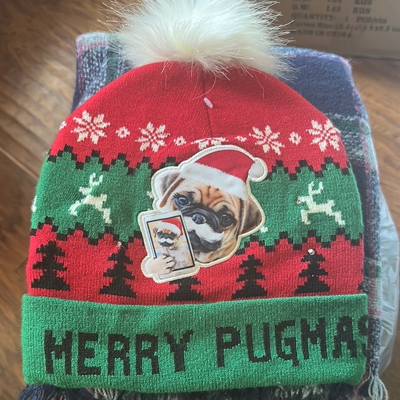 Merry Pugmas Red and Green Christmas Beanie Hat - Picture 1 of 3
